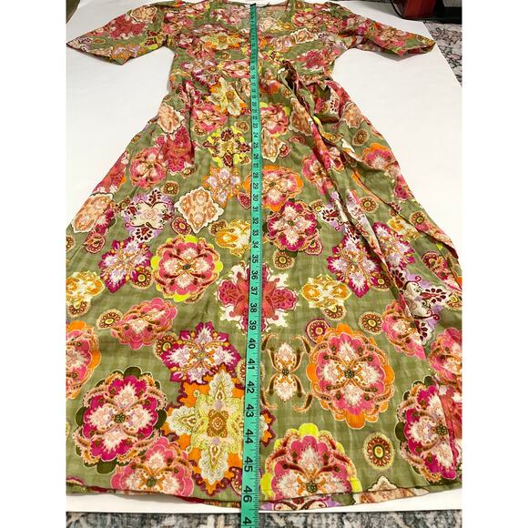 Floral Maxi Wrap Dress Womens 38 Green Pink Boho Cottage Feminine Puff Sleeve - Picture 7 of 15